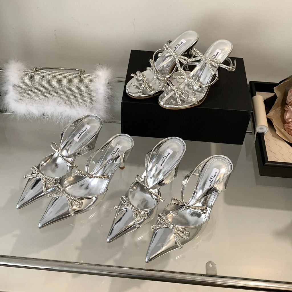 2023 Summer Collection Women's Fashion Butterfly-knot Shallow Slip Mules Pointed Toe Slippers Flat High Slides for Warm Weather