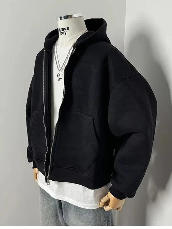 American Sle Hooded Sweatirt Men's Layered Zipper Bapa Cool Streetwear Spring Autumn Loose Fit Pure Color Jaet